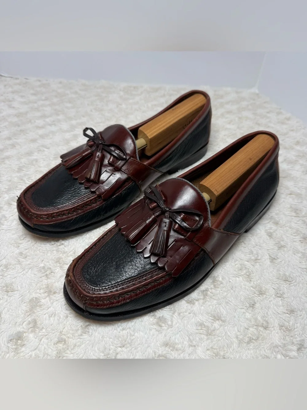 Johnston & Murphy Black and Burgundy Tassel Kiltie Loafers